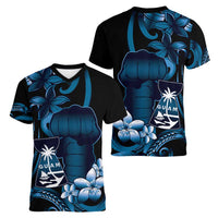 Blue Hafa Adai Guam Women V-Neck T-Shirt Chamorro Latte Stone Hand With Plumeria