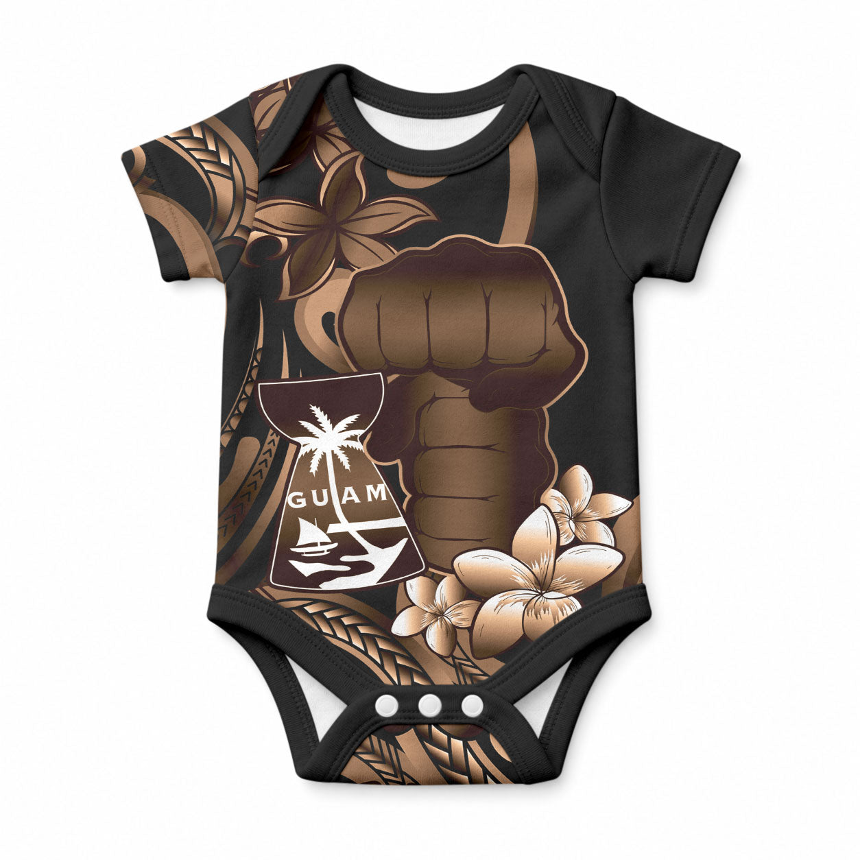 Brown Hafa Adai Guam Baby Onesie Chamorro Latte Stone Hand With Plumeria