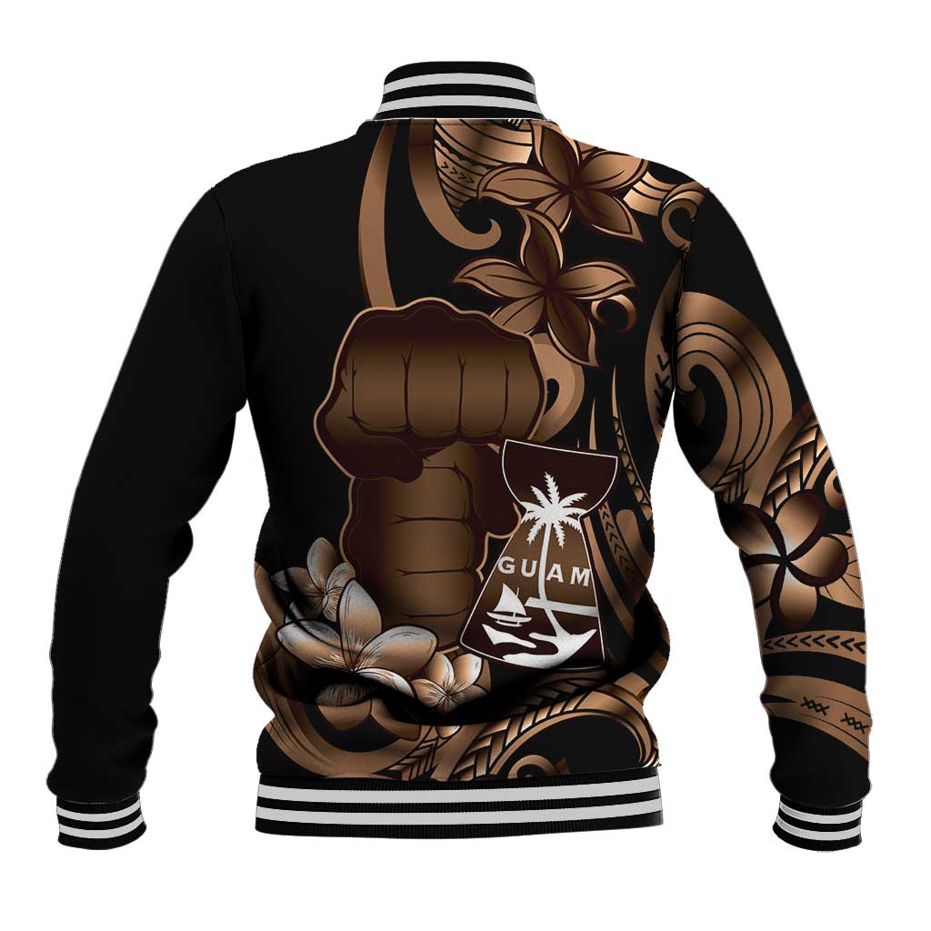 Brown Hafa Adai Guam Baseball Jacket Chamorro Latte Stone Hand With Plumeria