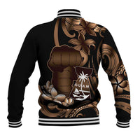 Brown Hafa Adai Guam Baseball Jacket Chamorro Latte Stone Hand With Plumeria