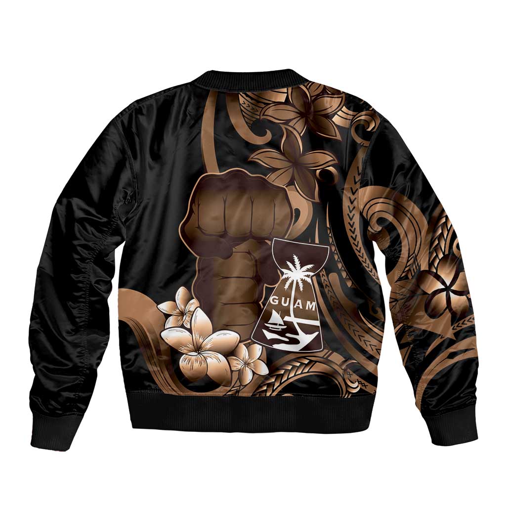 Brown Hafa Adai Guam Bomber Jacket Chamorro Latte Stone Hand With Plumeria