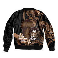 Brown Hafa Adai Guam Bomber Jacket Chamorro Latte Stone Hand With Plumeria