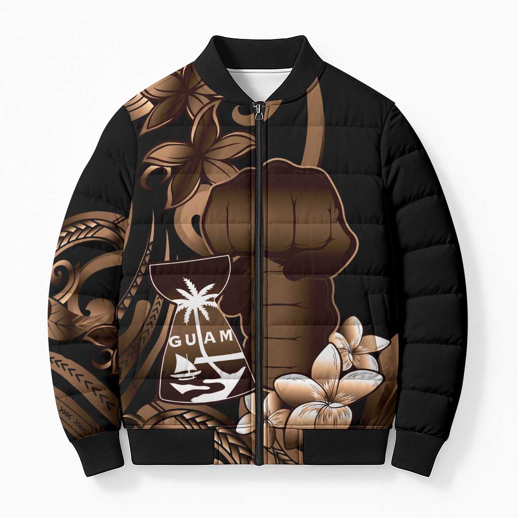 Brown Hafa Adai Guam Bomber Puffer Jacket Chamorro Latte Stone Hand With Plumeria LT14 Unisex Brown - Polynesian Pride