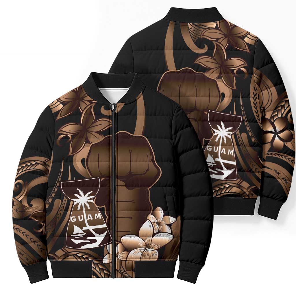 Brown Hafa Adai Guam Bomber Puffer Jacket Chamorro Latte Stone Hand With Plumeria LT14 - Polynesian Pride