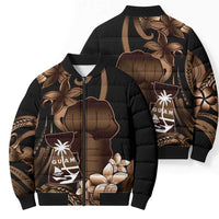 Brown Hafa Adai Guam Bomber Puffer Jacket Chamorro Latte Stone Hand With Plumeria LT14 - Polynesian Pride