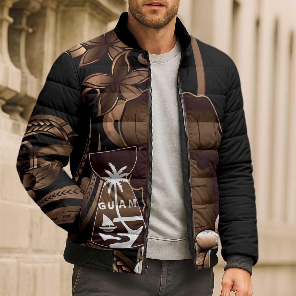Brown Hafa Adai Guam Bomber Puffer Jacket Chamorro Latte Stone Hand With Plumeria LT14 - Polynesian Pride