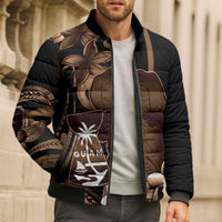Brown Hafa Adai Guam Bomber Puffer Jacket Chamorro Latte Stone Hand With Plumeria LT14 - Polynesian Pride
