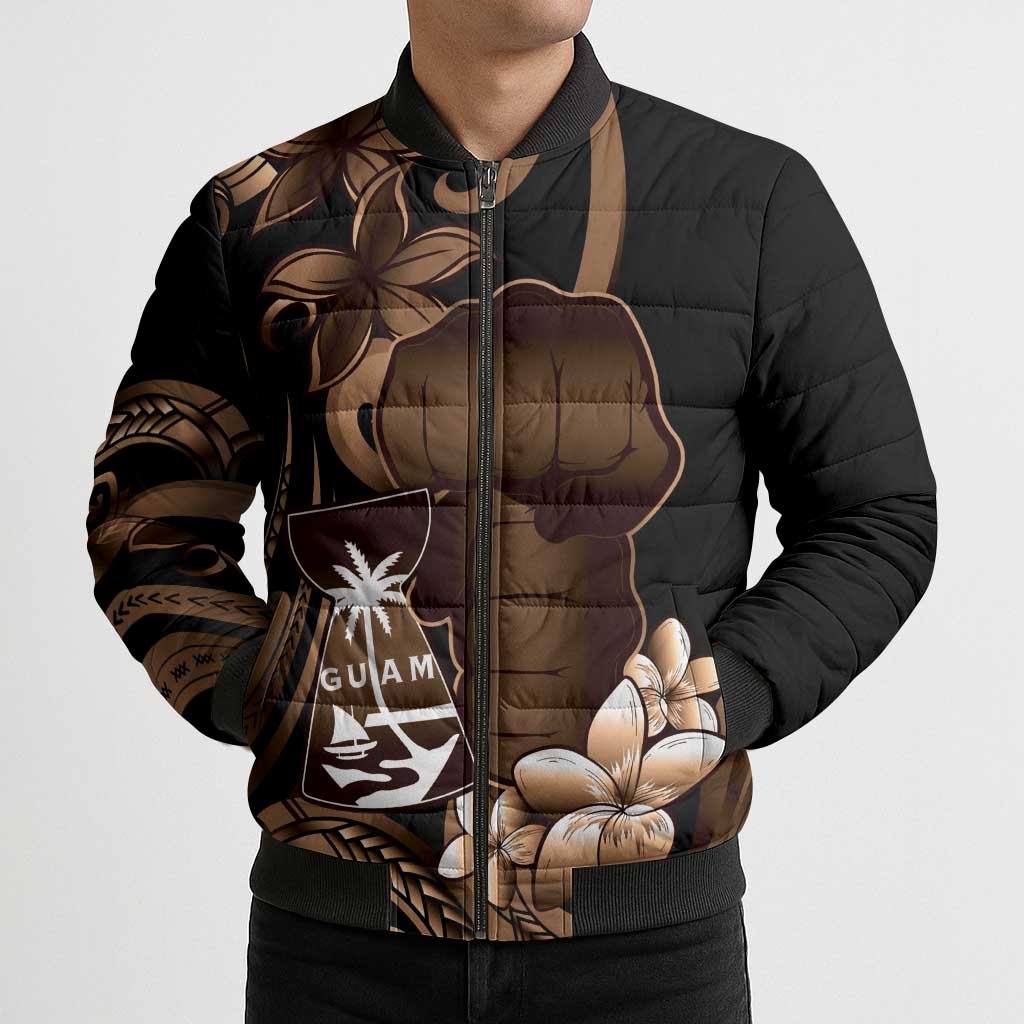 Brown Hafa Adai Guam Bomber Puffer Jacket Chamorro Latte Stone Hand With Plumeria LT14 - Polynesian Pride