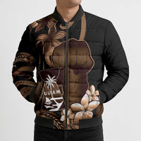Brown Hafa Adai Guam Bomber Puffer Jacket Chamorro Latte Stone Hand With Plumeria LT14 - Polynesian Pride