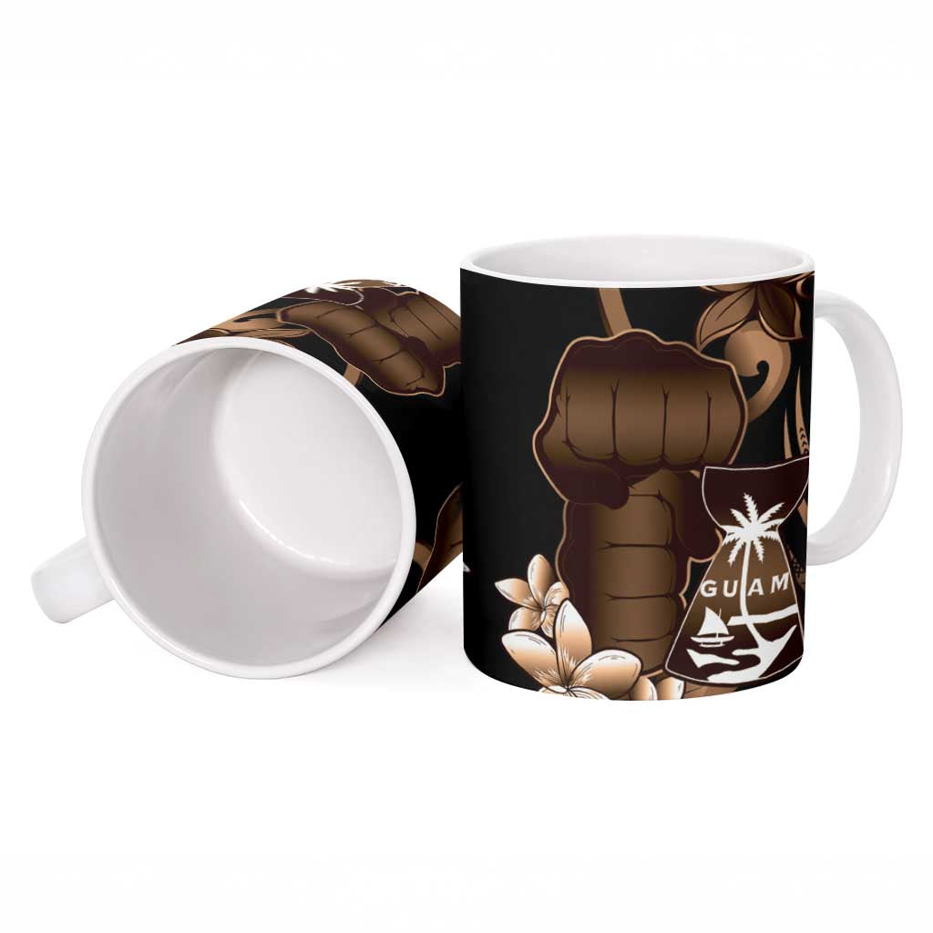 Brown Hafa Adai Guam Ceramic Mug Chamorro Latte Stone Hand With Plumeria LT14 - Polynesian Pride
