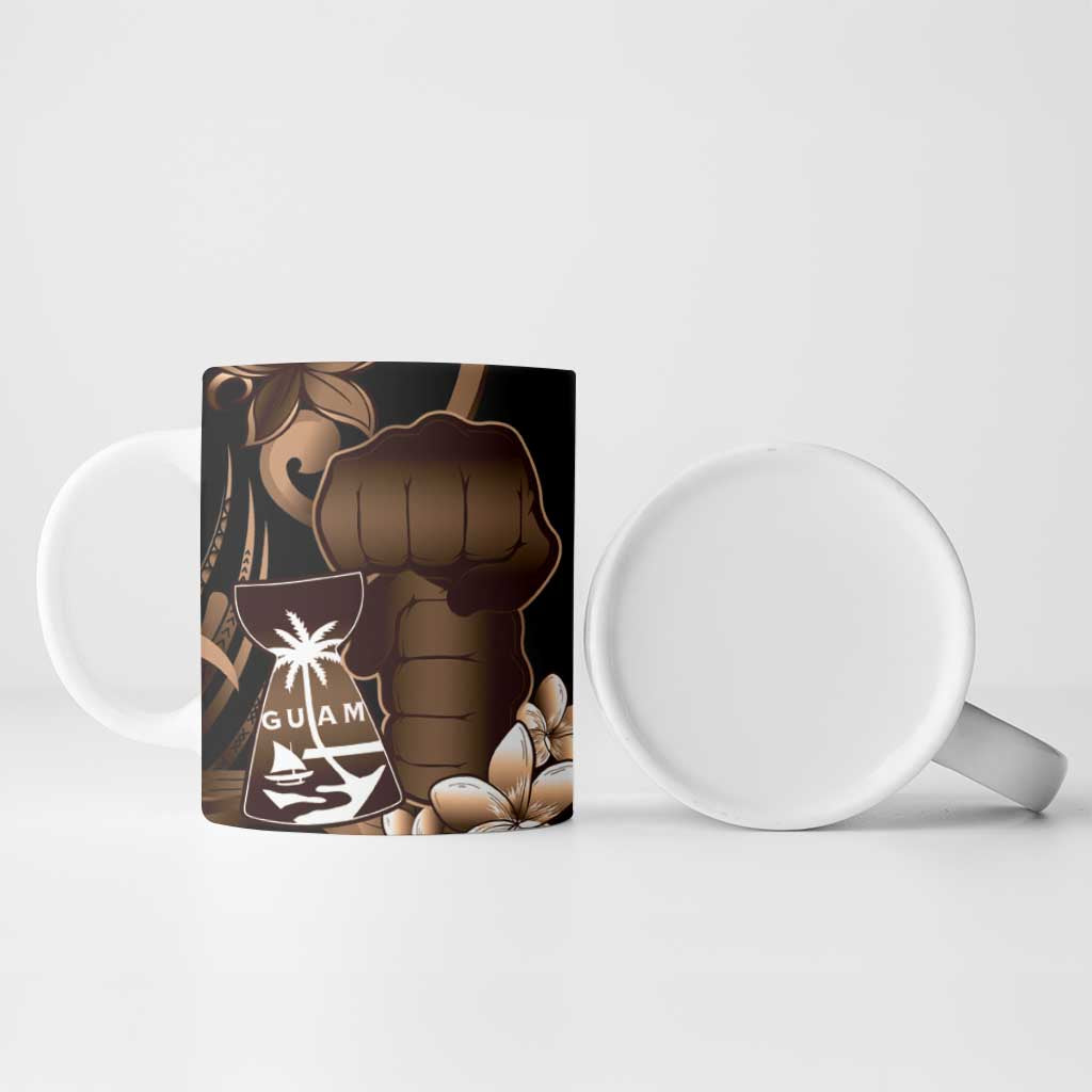 Brown Hafa Adai Guam Ceramic Mug Chamorro Latte Stone Hand With Plumeria LT14 - Polynesian Pride