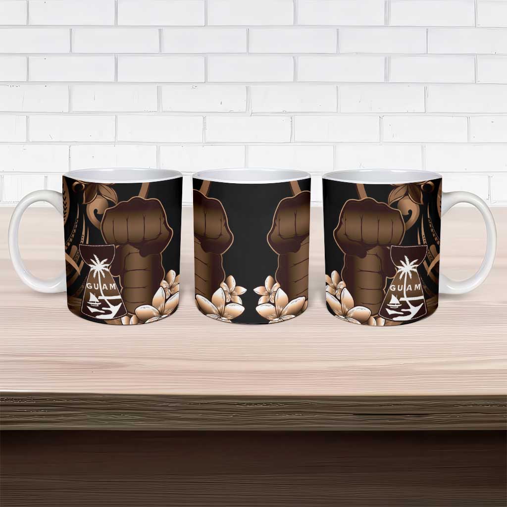 Brown Hafa Adai Guam Ceramic Mug Chamorro Latte Stone Hand With Plumeria LT14 - Polynesian Pride