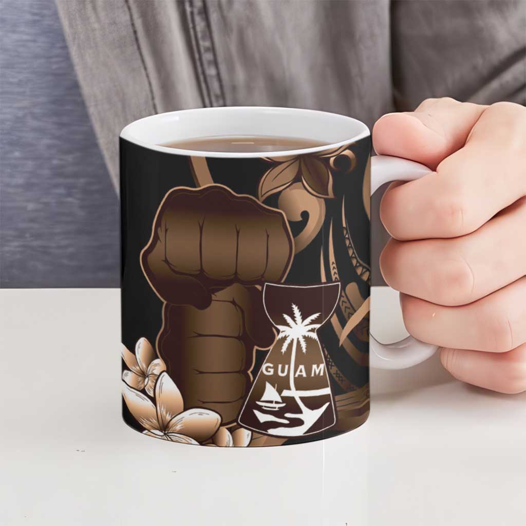 Brown Hafa Adai Guam Ceramic Mug Chamorro Latte Stone Hand With Plumeria LT14 - Polynesian Pride
