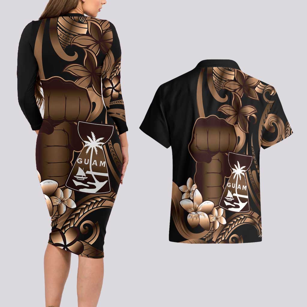 Brown Hafa Adai Guam Couples Matching Long Sleeve Bodycon Dress and Hawaiian Shirt Chamorro Latte Stone Hand With Plumeria LT14 - Polynesian Pride