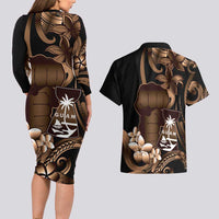 Brown Hafa Adai Guam Couples Matching Long Sleeve Bodycon Dress and Hawaiian Shirt Chamorro Latte Stone Hand With Plumeria LT14 - Polynesian Pride