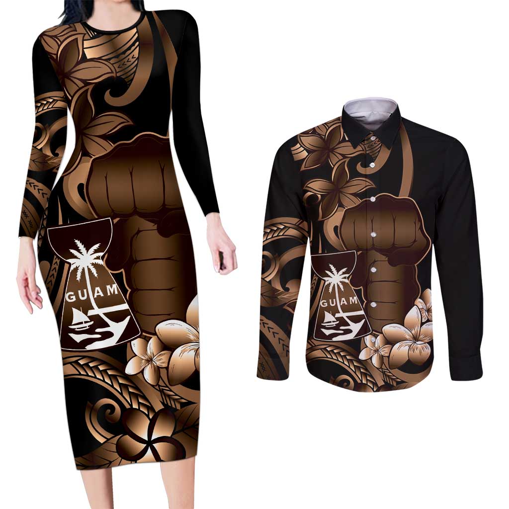 Brown Hafa Adai Guam Couples Matching Long Sleeve Bodycon Dress and Long Sleeve Button Shirt Chamorro Latte Stone Hand With Plumeria LT14 Brown - Polynesian Pride
