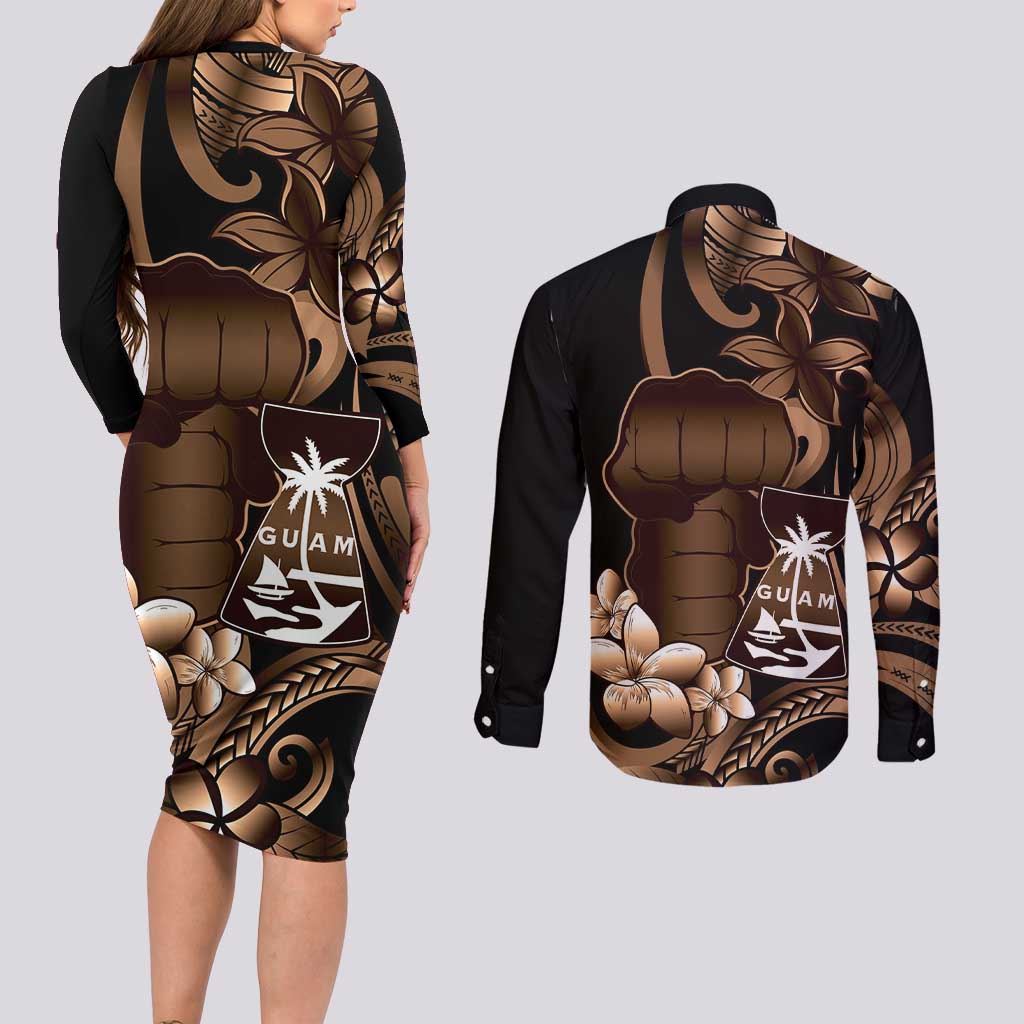 Brown Hafa Adai Guam Couples Matching Long Sleeve Bodycon Dress and Long Sleeve Button Shirt Chamorro Latte Stone Hand With Plumeria LT14 - Polynesian Pride
