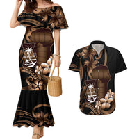 Brown Hafa Adai Guam Couples Matching Mermaid Dress and Hawaiian Shirt Chamorro Latte Stone Hand With Plumeria LT14 Brown - Polynesian Pride