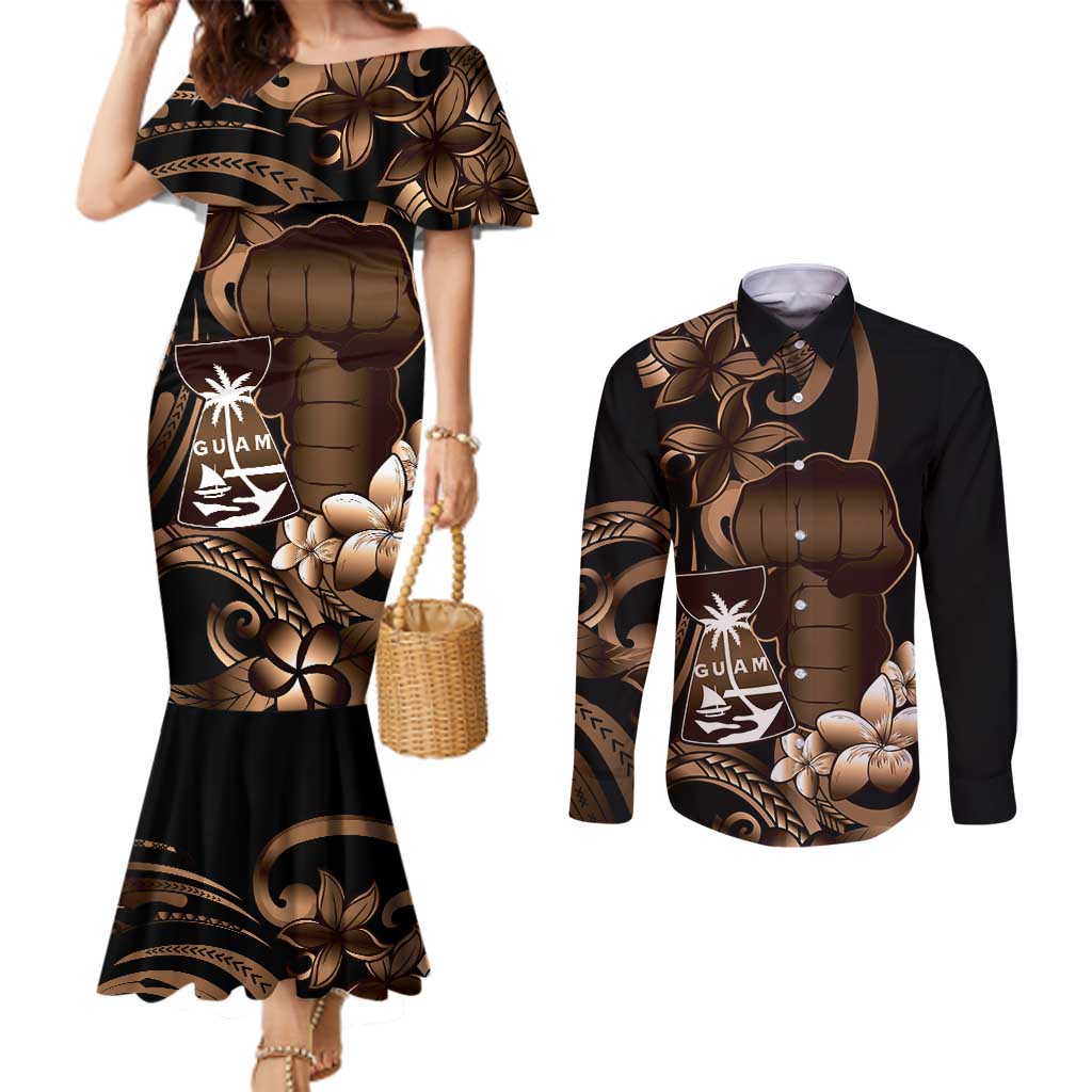 Brown Hafa Adai Guam Couples Matching Mermaid Dress and Long Sleeve Button Shirt Chamorro Latte Stone Hand With Plumeria LT14 Brown - Polynesian Pride