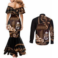 Brown Hafa Adai Guam Couples Matching Mermaid Dress and Long Sleeve Button Shirt Chamorro Latte Stone Hand With Plumeria LT14 - Polynesian Pride