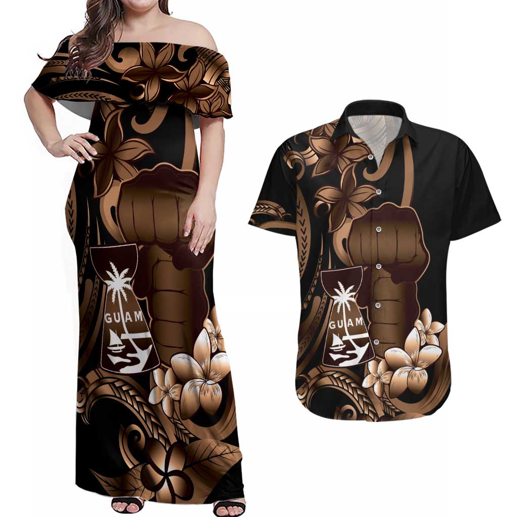 Brown Hafa Adai Guam Couples Matching Off Shoulder Maxi Dress and Hawaiian Shirt Chamorro Latte Stone Hand With Plumeria LT14 Brown - Polynesian Pride