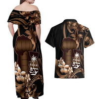 Brown Hafa Adai Guam Couples Matching Off Shoulder Maxi Dress and Hawaiian Shirt Chamorro Latte Stone Hand With Plumeria LT14 - Polynesian Pride