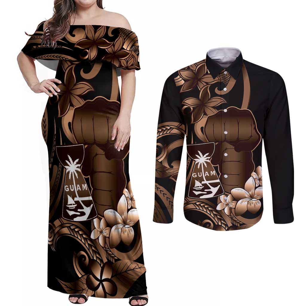 Brown Hafa Adai Guam Couples Matching Off Shoulder Maxi Dress and Long Sleeve Button Shirt Chamorro Latte Stone Hand With Plumeria LT14 Brown - Polynesian Pride
