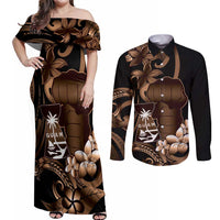 Brown Hafa Adai Guam Couples Matching Off Shoulder Maxi Dress and Long Sleeve Button Shirt Chamorro Latte Stone Hand With Plumeria LT14 Brown - Polynesian Pride