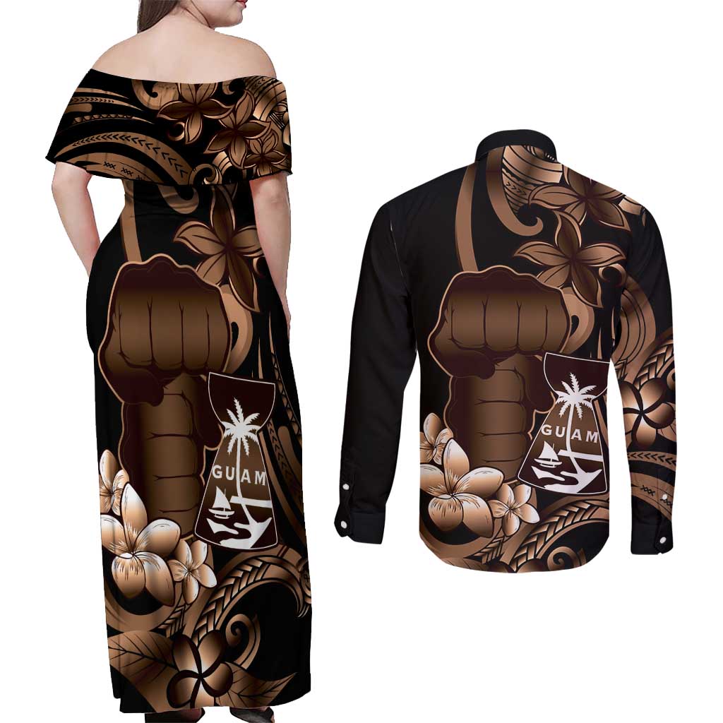 Brown Hafa Adai Guam Couples Matching Off Shoulder Maxi Dress and Long Sleeve Button Shirt Chamorro Latte Stone Hand With Plumeria LT14 - Polynesian Pride