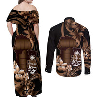 Brown Hafa Adai Guam Couples Matching Off Shoulder Maxi Dress and Long Sleeve Button Shirt Chamorro Latte Stone Hand With Plumeria LT14 - Polynesian Pride