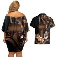 Brown Hafa Adai Guam Couples Matching Off Shoulder Short Dress and Hawaiian Shirt Chamorro Latte Stone Hand With Plumeria LT14 - Polynesian Pride