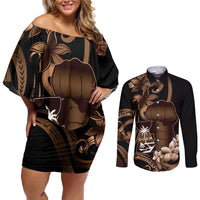 Brown Hafa Adai Guam Couples Matching Off Shoulder Short Dress and Long Sleeve Button Shirt Chamorro Latte Stone Hand With Plumeria LT14 Brown - Polynesian Pride
