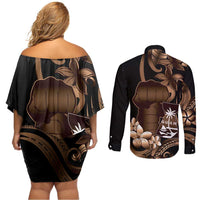 Brown Hafa Adai Guam Couples Matching Off Shoulder Short Dress and Long Sleeve Button Shirt Chamorro Latte Stone Hand With Plumeria LT14 - Polynesian Pride
