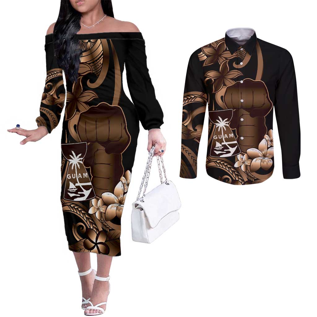 Brown Hafa Adai Guam Couples Matching Off The Shoulder Long Sleeve Dress and Long Sleeve Button Shirt Chamorro Latte Stone Hand With Plumeria