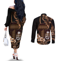 Brown Hafa Adai Guam Couples Matching Off The Shoulder Long Sleeve Dress and Long Sleeve Button Shirt Chamorro Latte Stone Hand With Plumeria LT14 - Polynesian Pride