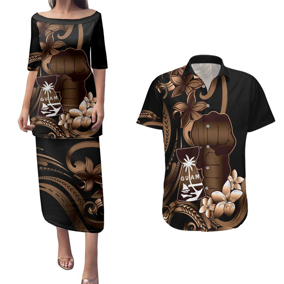 Brown Hafa Adai Guam Couples Matching Puletasi and Hawaiian Shirt Chamorro Latte Stone Hand With Plumeria LT14 Brown - Polynesian Pride
