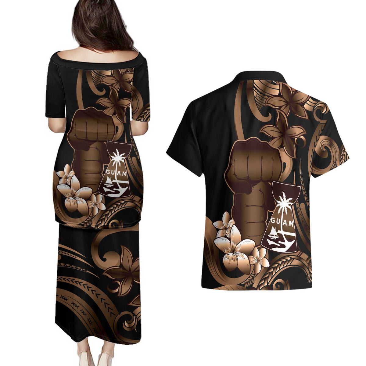 Brown Hafa Adai Guam Couples Matching Puletasi and Hawaiian Shirt Chamorro Latte Stone Hand With Plumeria LT14 - Polynesian Pride