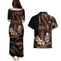 Brown Hafa Adai Guam Couples Matching Puletasi and Hawaiian Shirt Chamorro Latte Stone Hand With Plumeria LT14 - Polynesian Pride