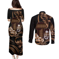 Brown Hafa Adai Guam Couples Matching Puletasi and Long Sleeve Button Shirt Chamorro Latte Stone Hand With Plumeria
