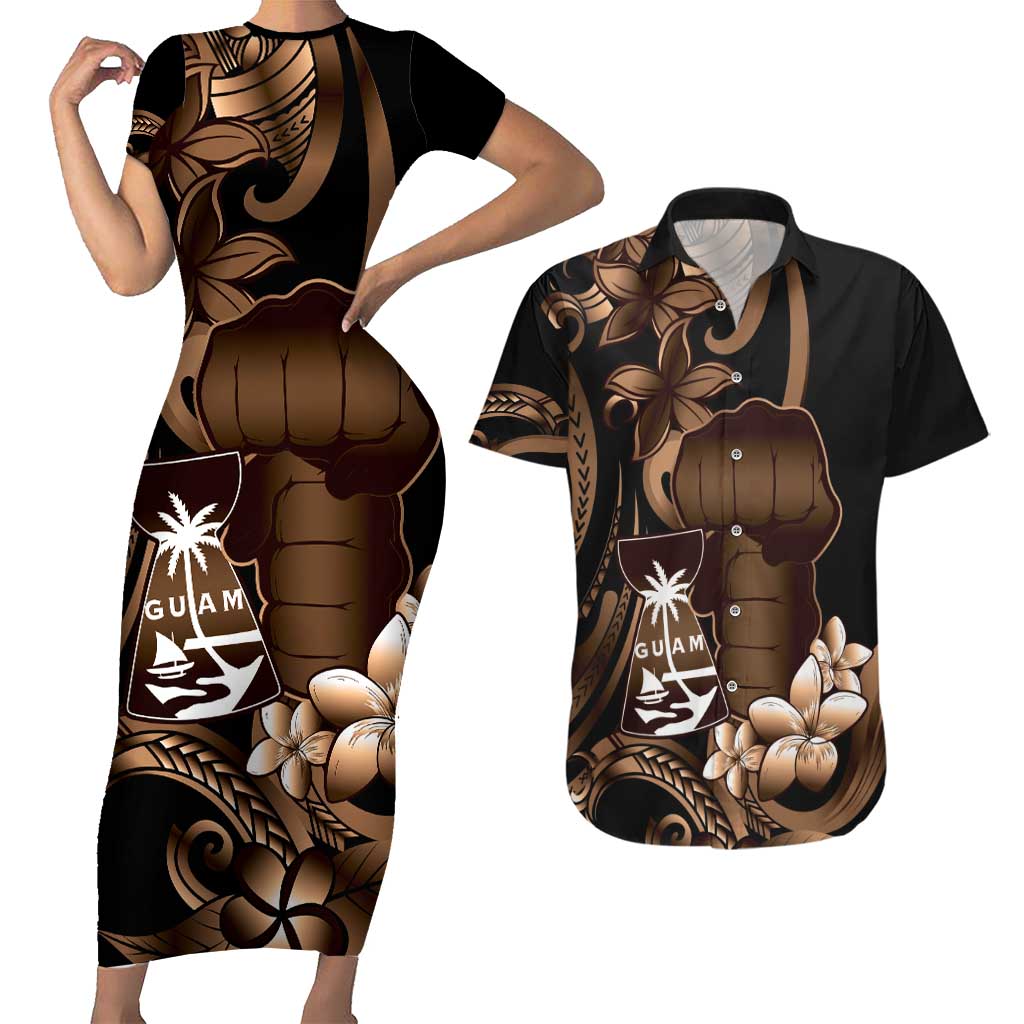 Brown Hafa Adai Guam Couples Matching Short Sleeve Bodycon Dress and Hawaiian Shirt Chamorro Latte Stone Hand With Plumeria LT14 Brown - Polynesian Pride
