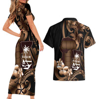 Brown Hafa Adai Guam Couples Matching Short Sleeve Bodycon Dress and Hawaiian Shirt Chamorro Latte Stone Hand With Plumeria LT14 - Polynesian Pride