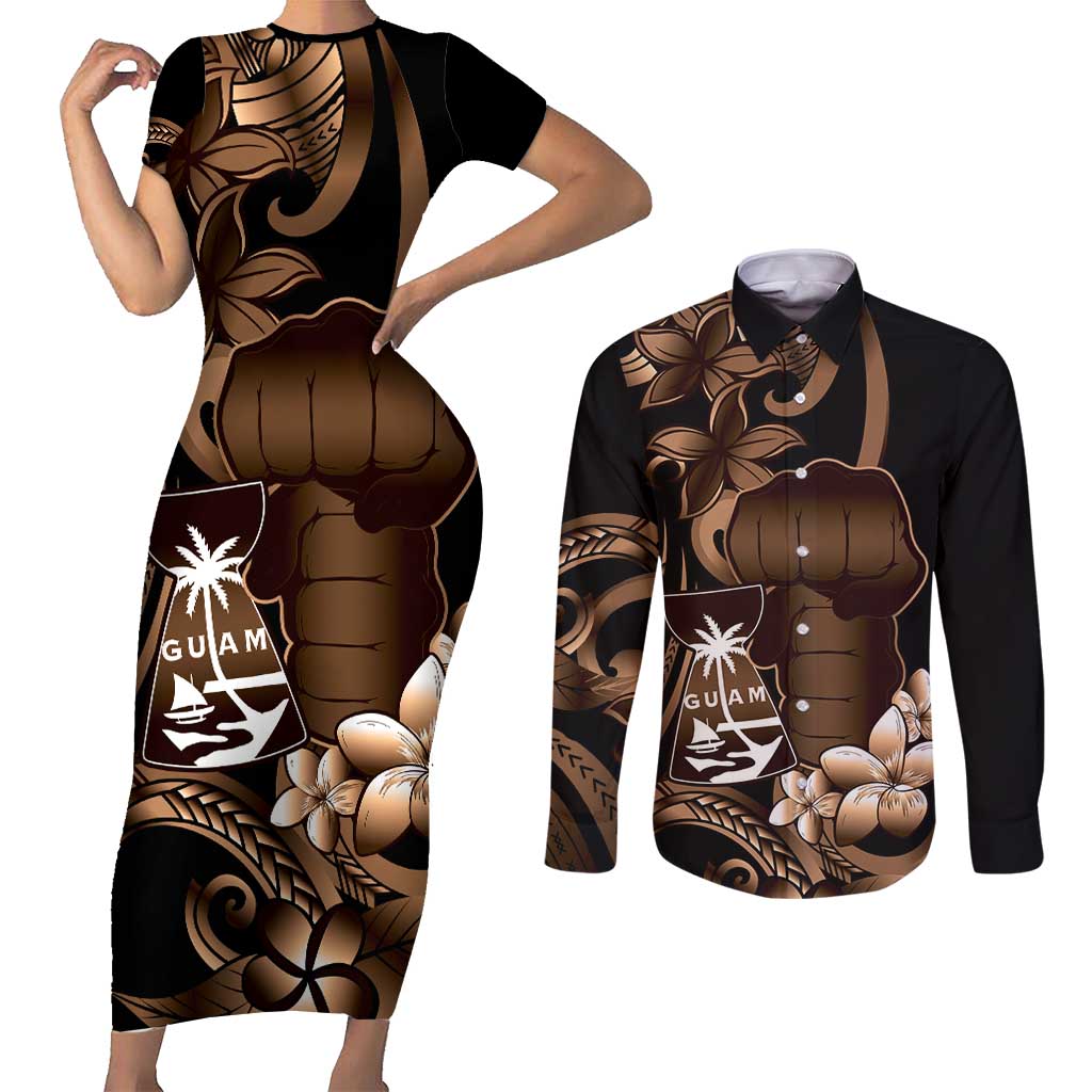 Brown Hafa Adai Guam Couples Matching Short Sleeve Bodycon Dress and Long Sleeve Button Shirt Chamorro Latte Stone Hand With Plumeria LT14 Brown - Polynesian Pride