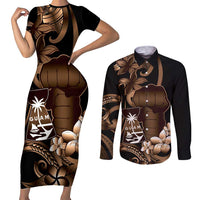 Brown Hafa Adai Guam Couples Matching Short Sleeve Bodycon Dress and Long Sleeve Button Shirt Chamorro Latte Stone Hand With Plumeria LT14 Brown - Polynesian Pride