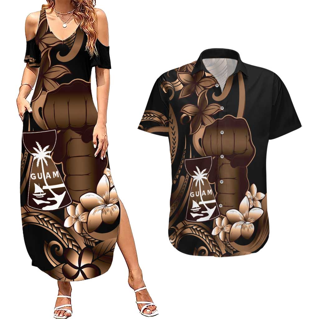 Brown Hafa Adai Guam Couples Matching Summer Maxi Dress and Hawaiian Shirt Chamorro Latte Stone Hand With Plumeria LT14 Brown - Polynesian Pride