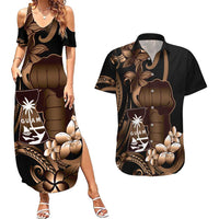 Brown Hafa Adai Guam Couples Matching Summer Maxi Dress and Hawaiian Shirt Chamorro Latte Stone Hand With Plumeria LT14 Brown - Polynesian Pride