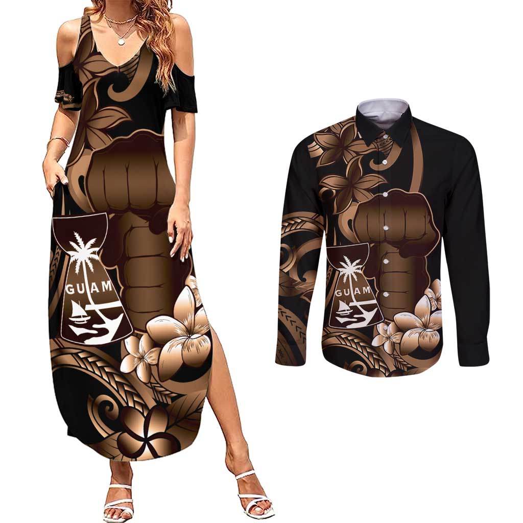 Brown Hafa Adai Guam Couples Matching Summer Maxi Dress and Long Sleeve Button Shirt Chamorro Latte Stone Hand With Plumeria LT14 Brown - Polynesian Pride