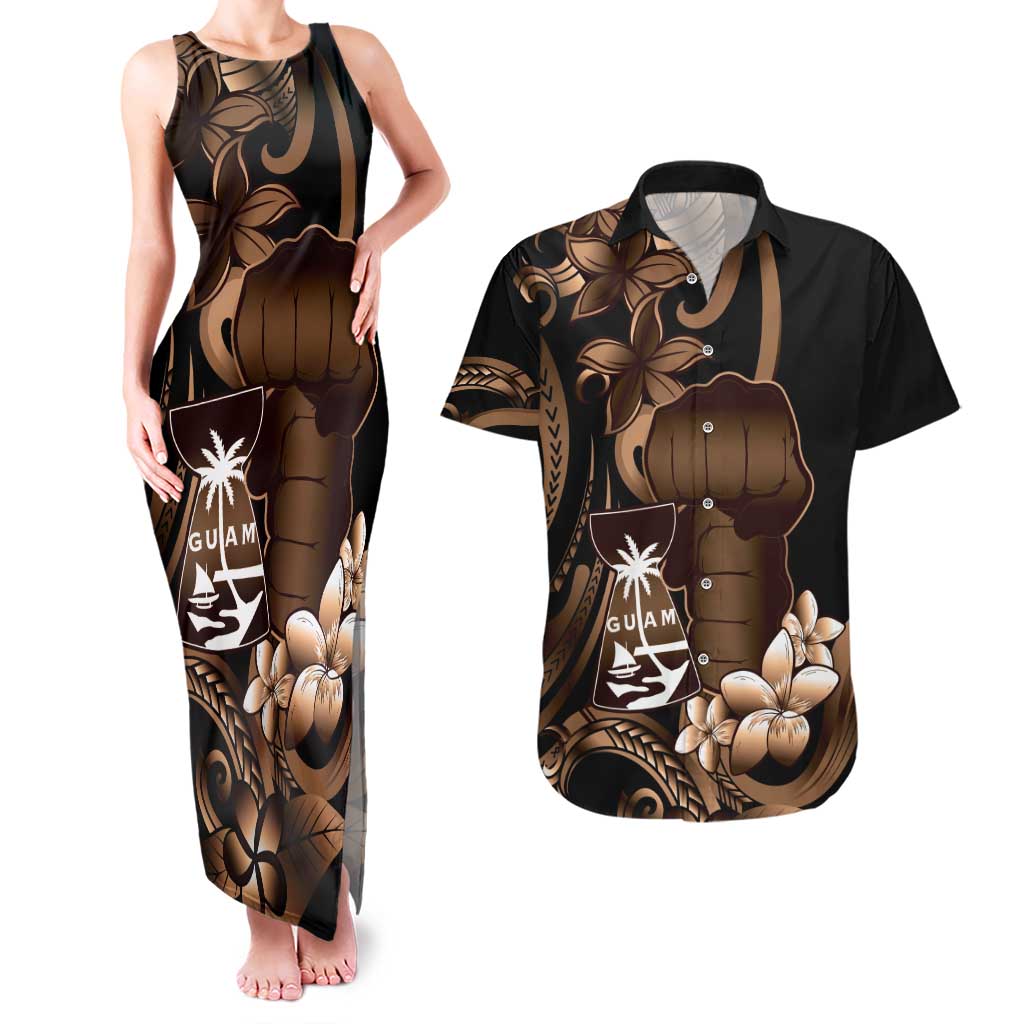Brown Hafa Adai Guam Couples Matching Tank Maxi Dress and Hawaiian Shirt Chamorro Latte Stone Hand With Plumeria LT14 Brown - Polynesian Pride