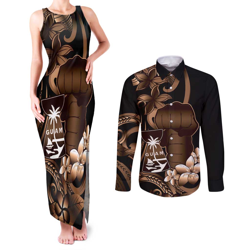 Brown Hafa Adai Guam Couples Matching Tank Maxi Dress and Long Sleeve Button Shirt Chamorro Latte Stone Hand With Plumeria
