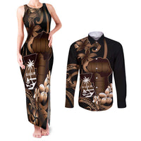 Brown Hafa Adai Guam Couples Matching Tank Maxi Dress and Long Sleeve Button Shirt Chamorro Latte Stone Hand With Plumeria LT14 Brown - Polynesian Pride