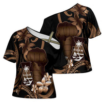 Brown Hafa Adai Guam Cross Shoulder Shirt Chamorro Latte Stone Hand With Plumeria - Polynesian Pride